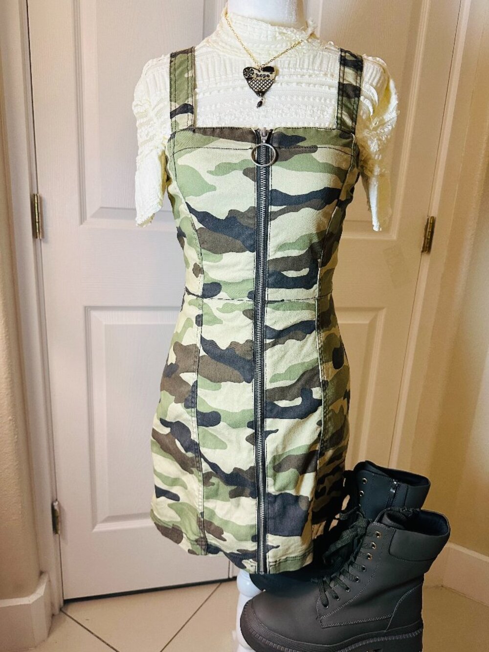 H&M Divided Camo Mini Dress Zip-Front Utility Streetwear w/ Adjustable Straps 4